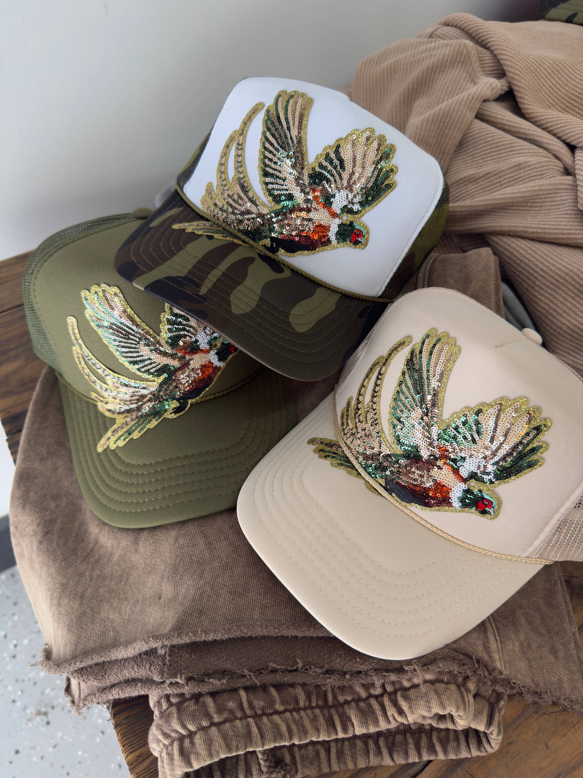 Fly Girl Sequin Pheasant Trucker - 3 Colors