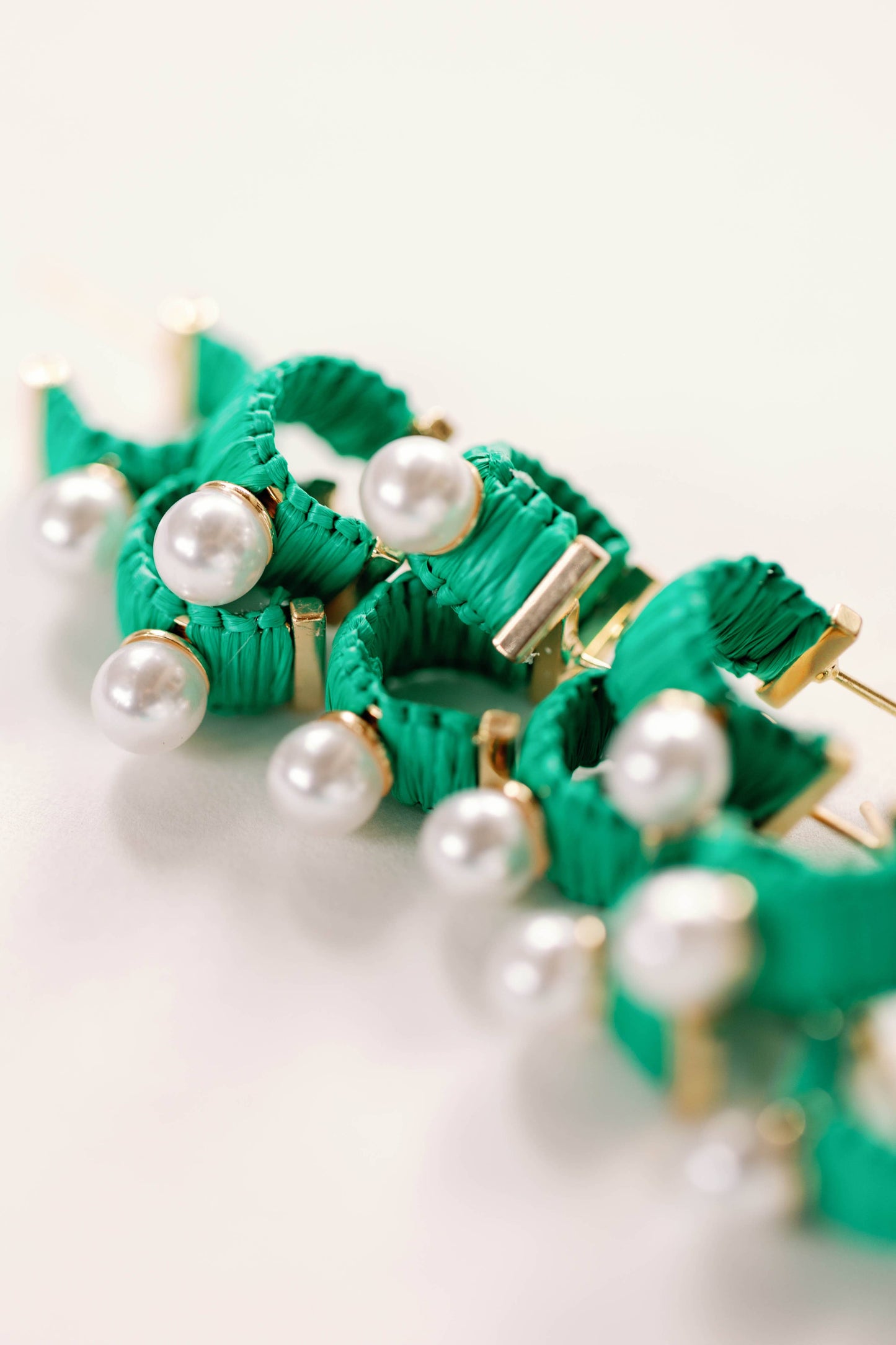 Mini Green Raffia and Pearl Huggie Hoop Earrings