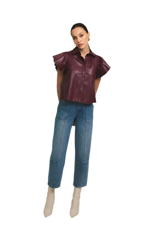 Flutter Sleeve Faux Leather Top