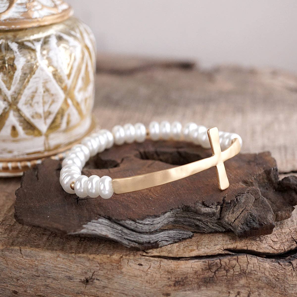 Rondelle Pearls Cross Bracelet