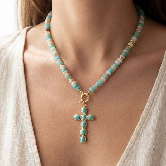 Semi Precious Stone Cross Pendant Necklace: MINT