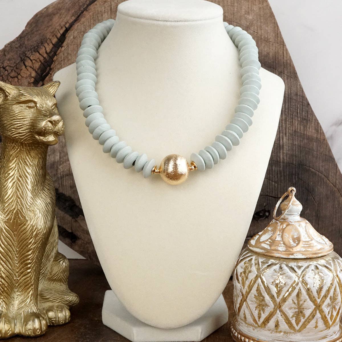 Wood Saucer Beads Short Statement Necklace- Multiple Colors