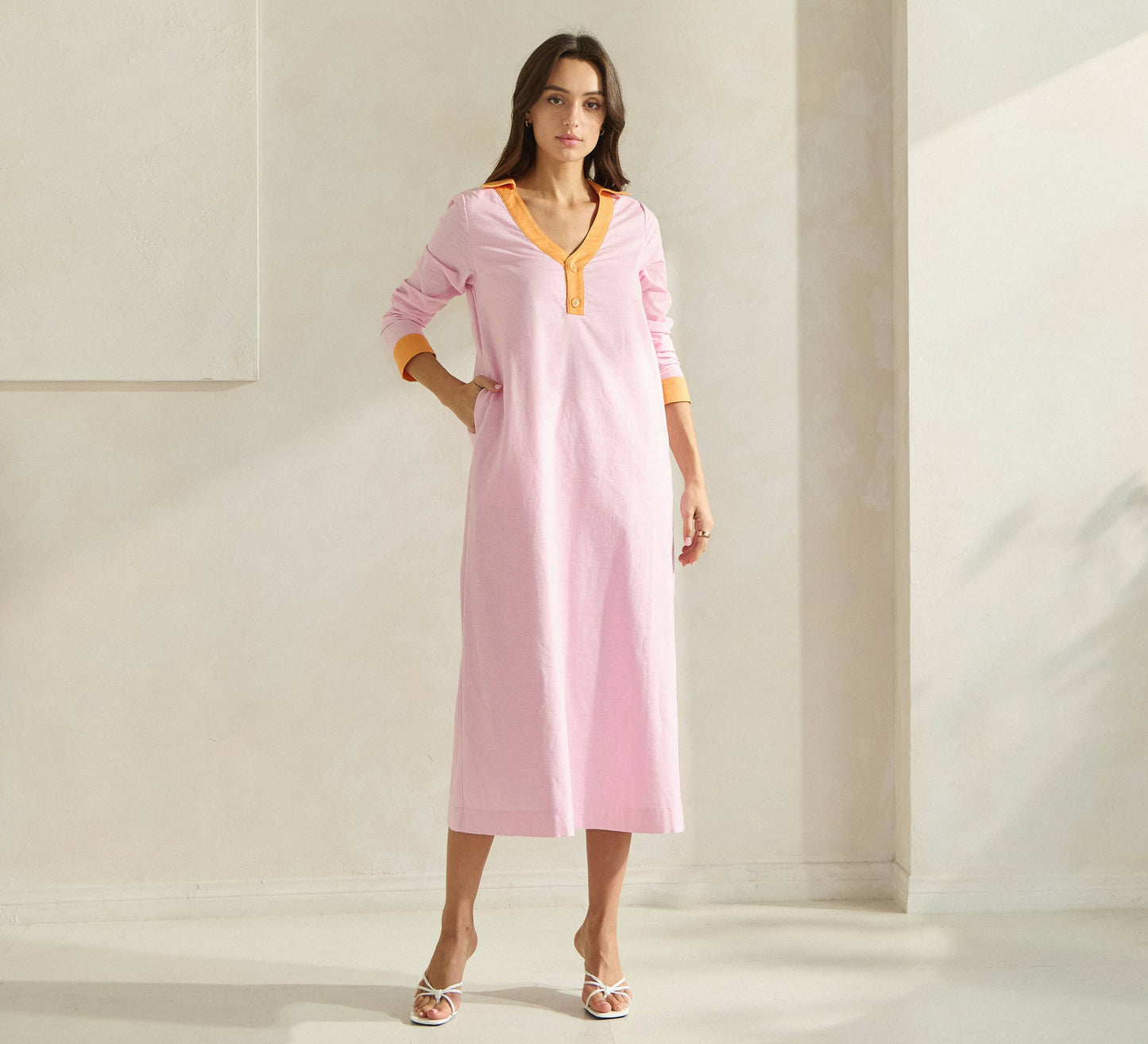 Contrast Trim Linen Dress