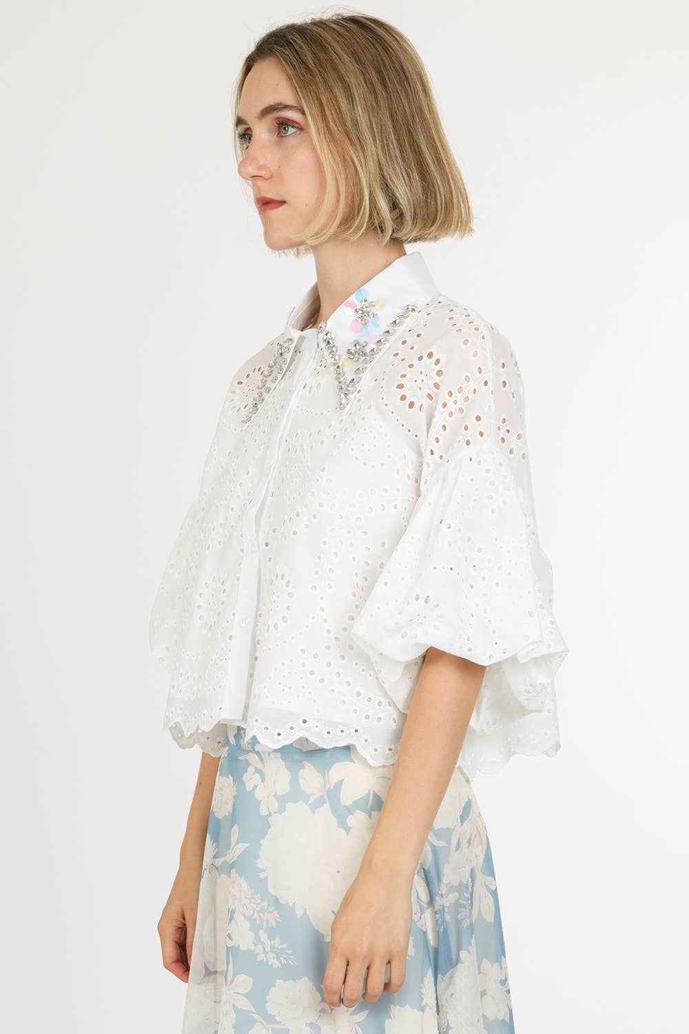 Iridescent Sequined & Embellished Eyelet Blouse