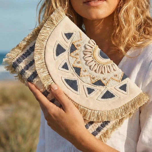 Beaded Fringe Mandala Clutch Bag