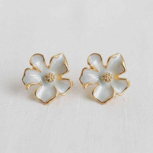 French Enamel Gardenia Stud Earrings