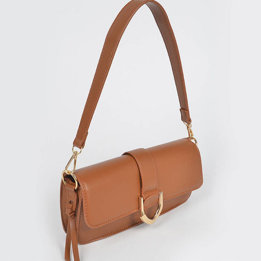 Faux Leather Rectangle Shape Shoulder Bag: Camel