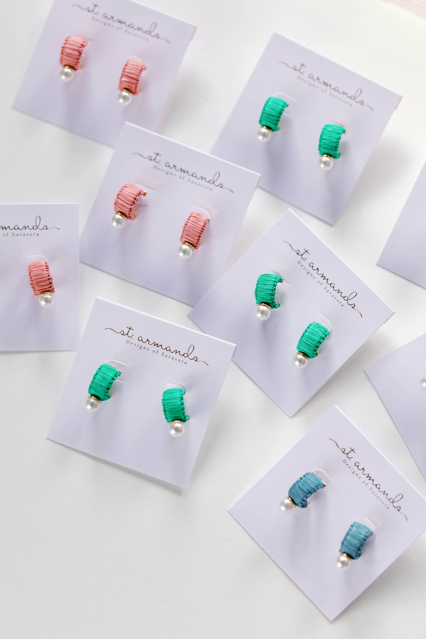 Mini Green Raffia and Pearl Huggie Hoop Earrings