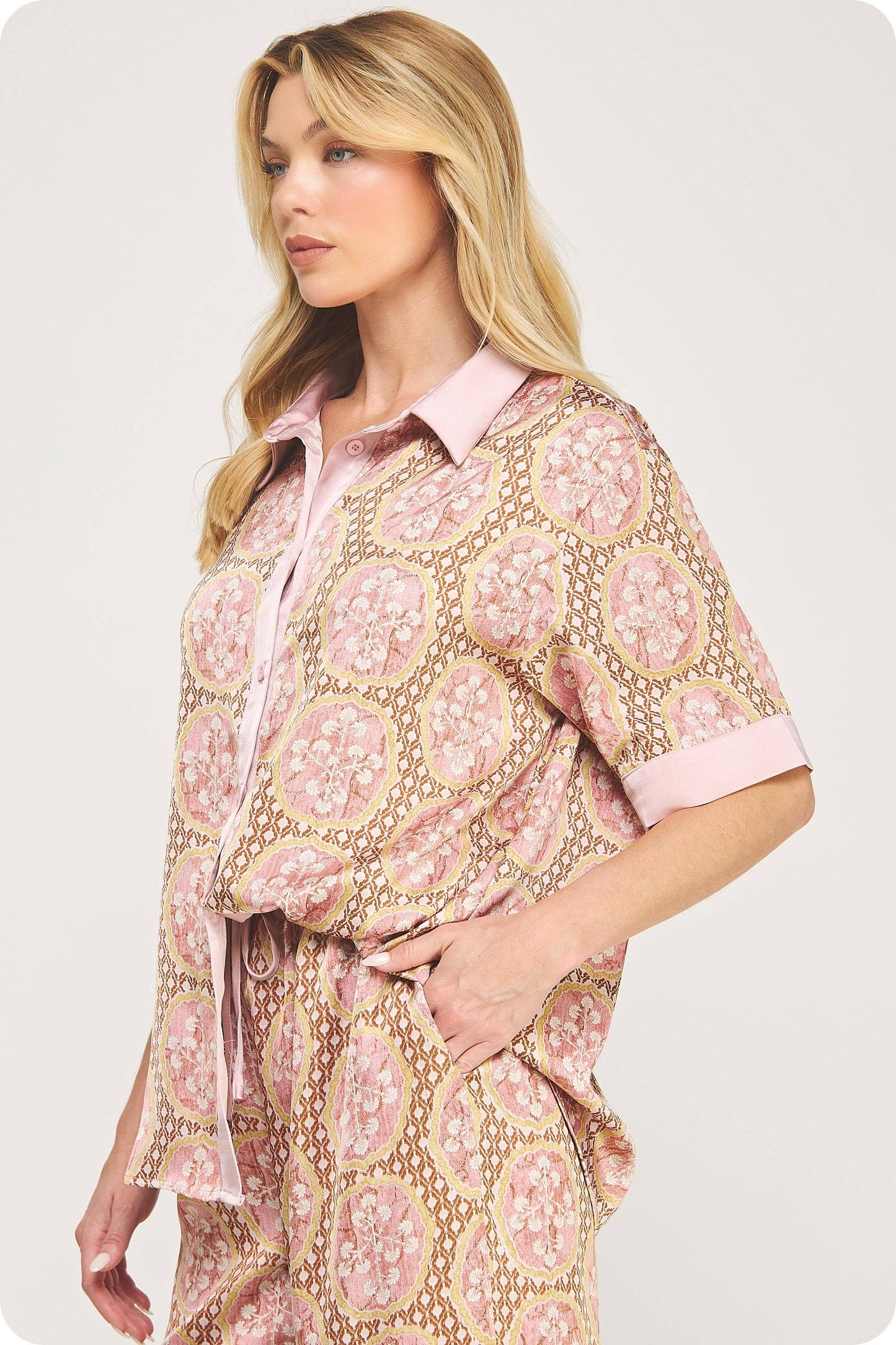 Venetian Satin Button Front Top