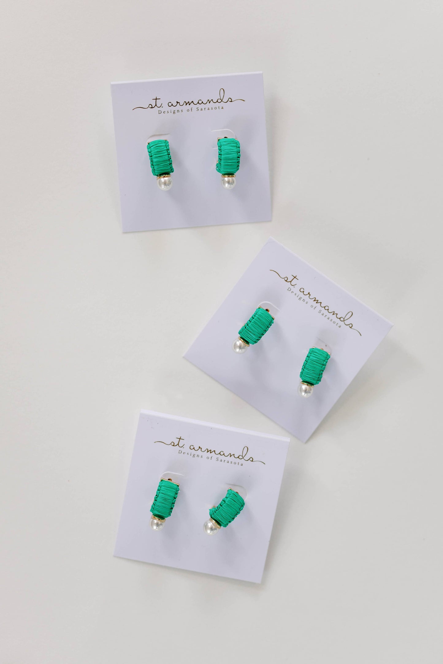 Mini Green Raffia and Pearl Huggie Hoop Earrings