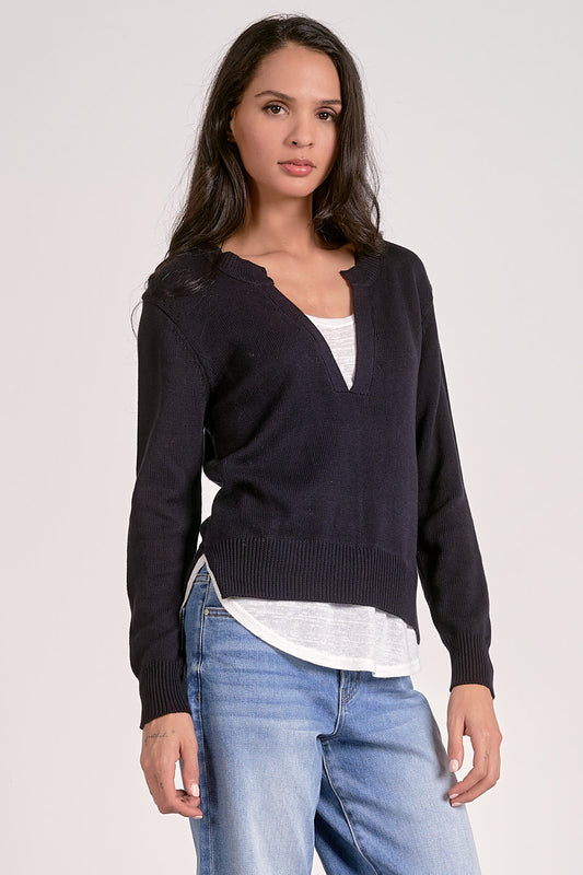 V Neck Layered Sweater - Navy & White