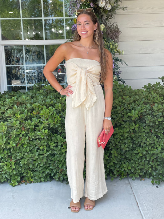 Strapless Gauze Jumpsuit - Sand