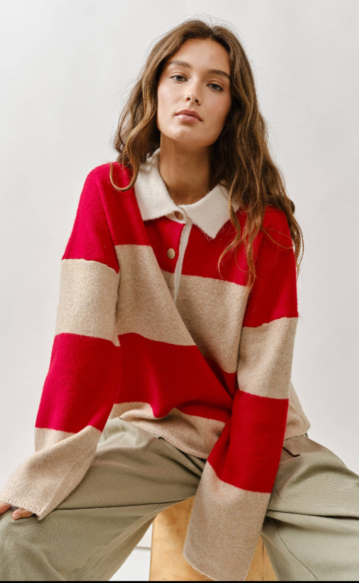 Stripe Polo Sweater - Red