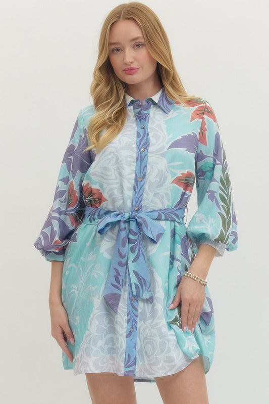 Blue Botanical Mini Dress