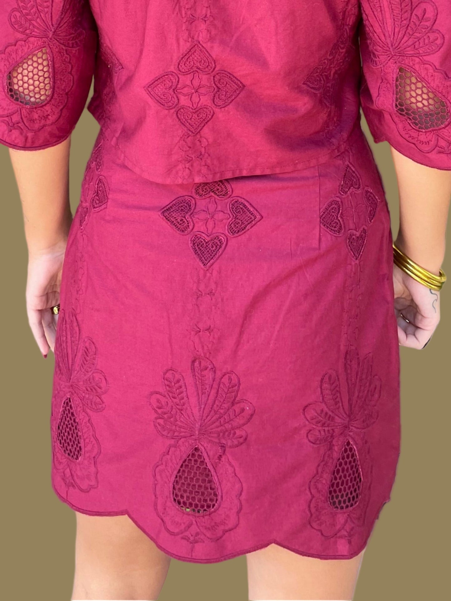 Burgundy Embroidered Mini Skirt