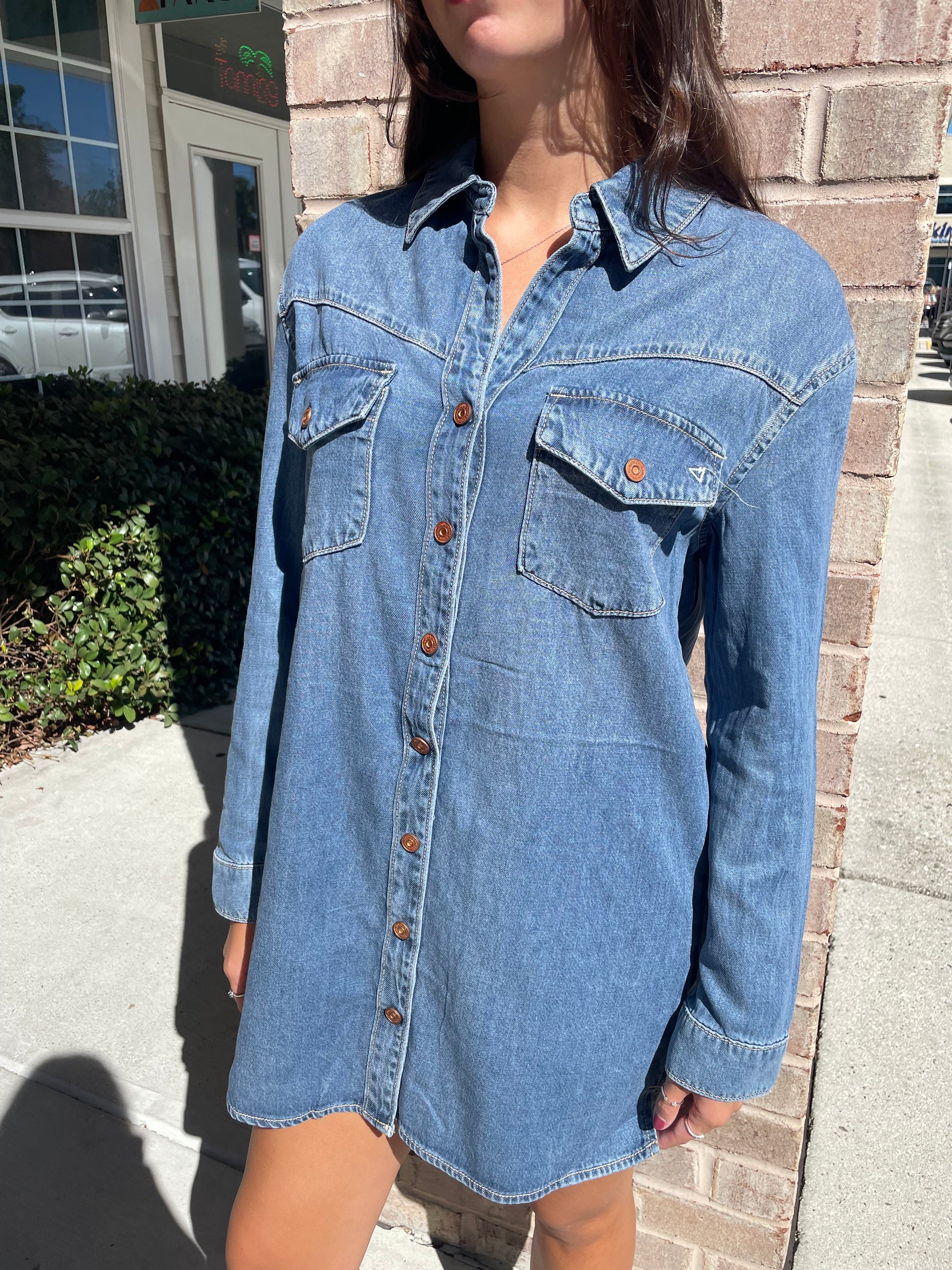 denim boyfriend shirt dress Oversized Denim Boyfriend Pocket Jean Collar Shirt Dress Long Sleeve Button High-Low Medium / M
