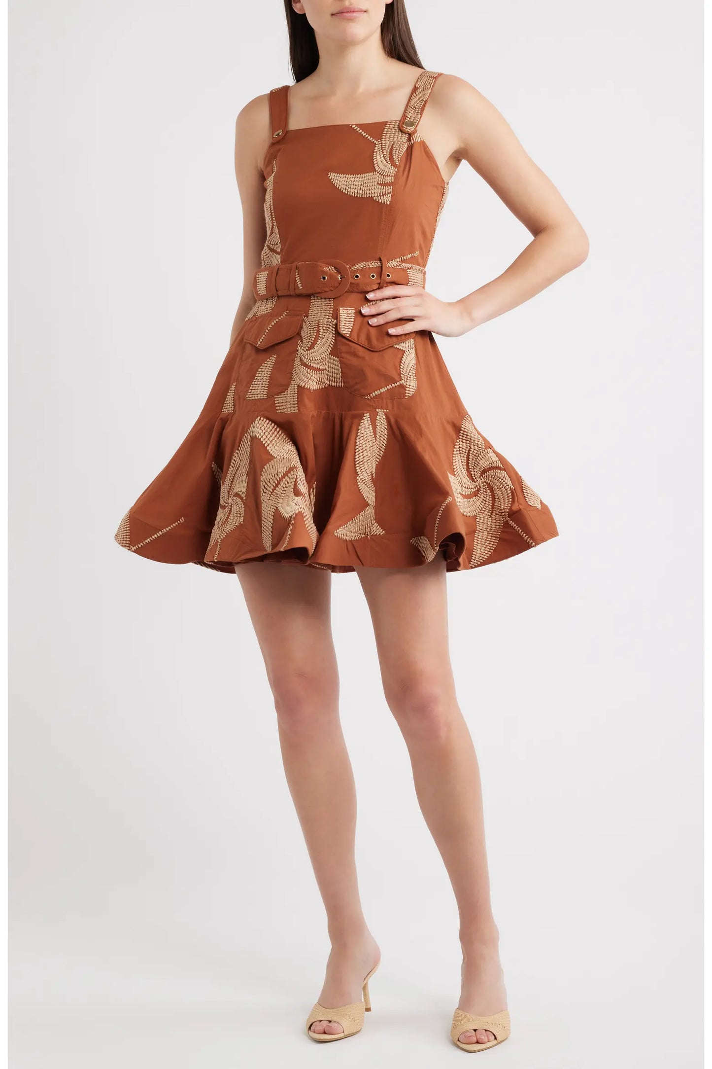 CIEBON Kenny Embroidered Minidress in Caramel at Nordstrom, Size Medium
