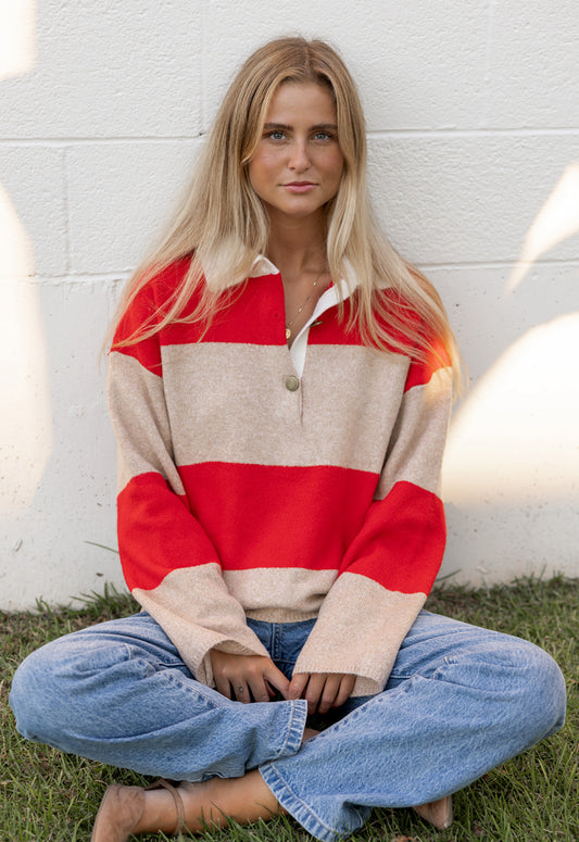 Stripe Polo Sweater - Red
