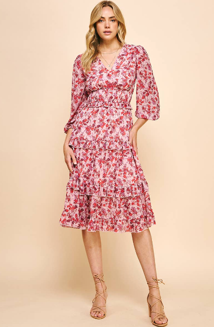 Pink Florals Midi Dress