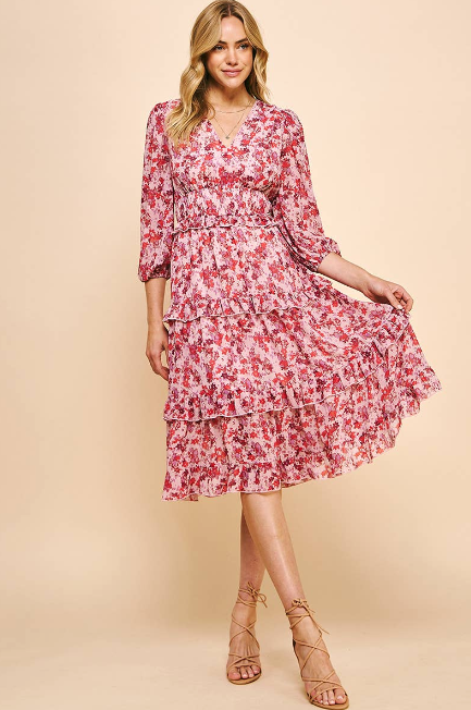 Pink Florals Midi Dress