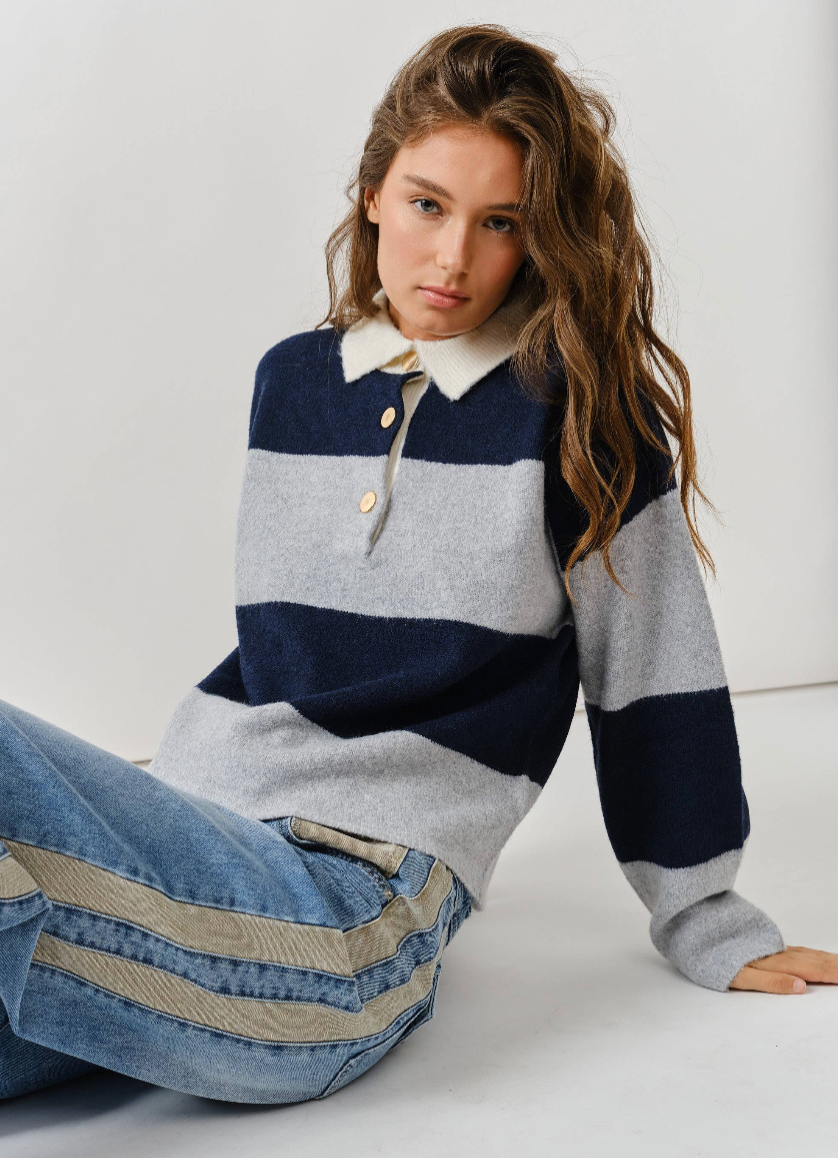 Stripe Polo Sweater - Navy/Gray