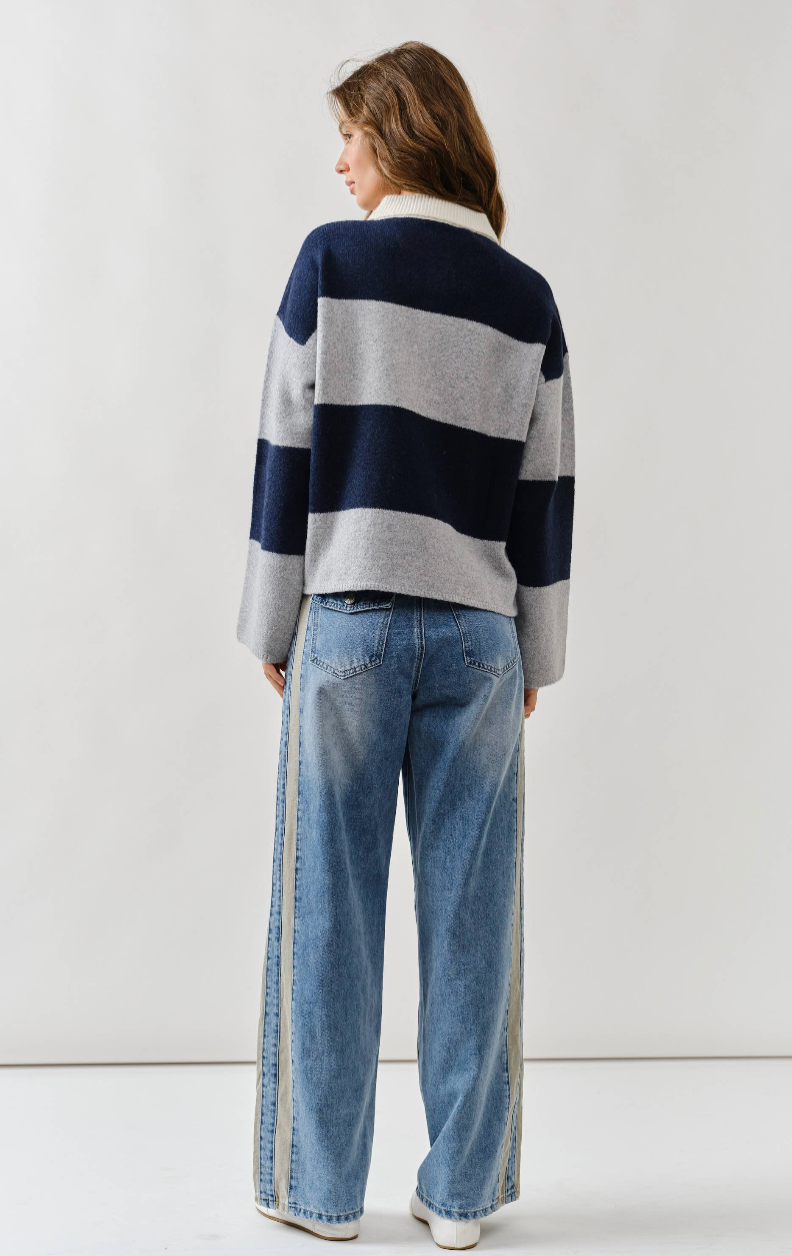 Stripe Polo Sweater - Navy/Gray