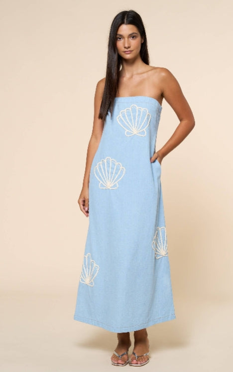 Embroidered Denim Seashell Maxi