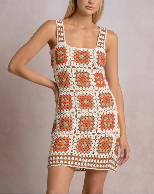 White and Clay Crochet Mini Dress