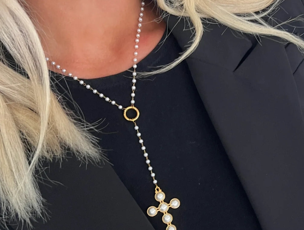 Lariat Pearl Cross Necklace