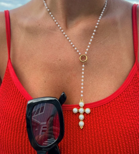 Lariat Pearl Cross Necklace