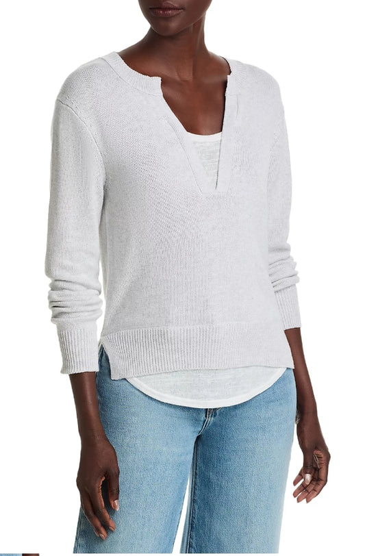 V Neck Layered Sweater -Gray & White