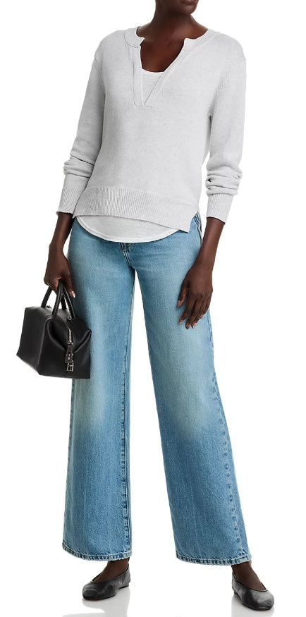 V Neck Layered Sweater -Gray & White