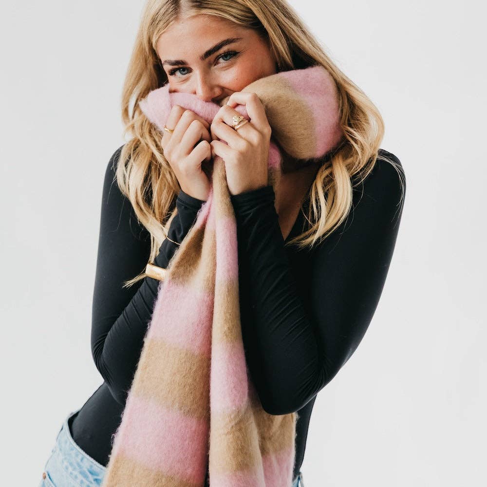 Stevie Striped Tassel Scarf: Tan/Pink