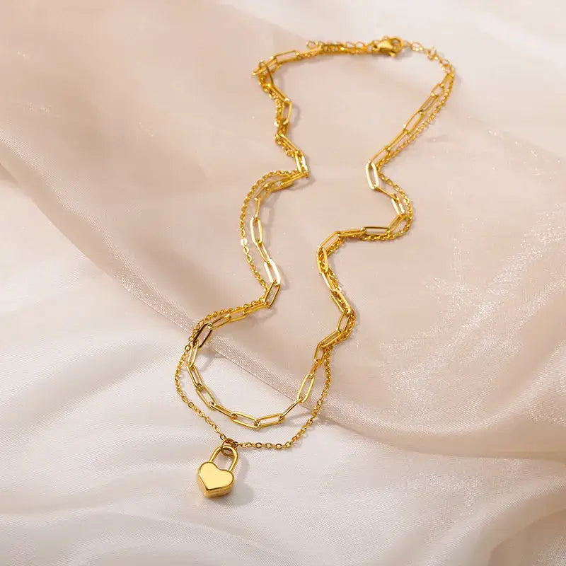 Double Layering Necklace with Paperclip & Lock Heart