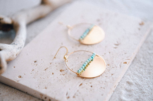 Gold Plated Half Moon & r Turquoise Beaded Hoops