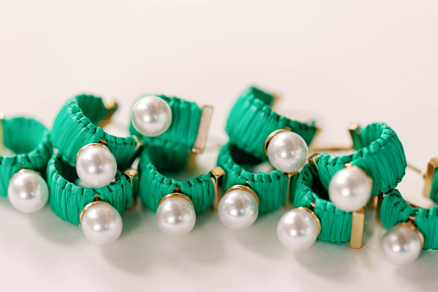 Mini Green Raffia and Pearl Huggie Hoop Earrings