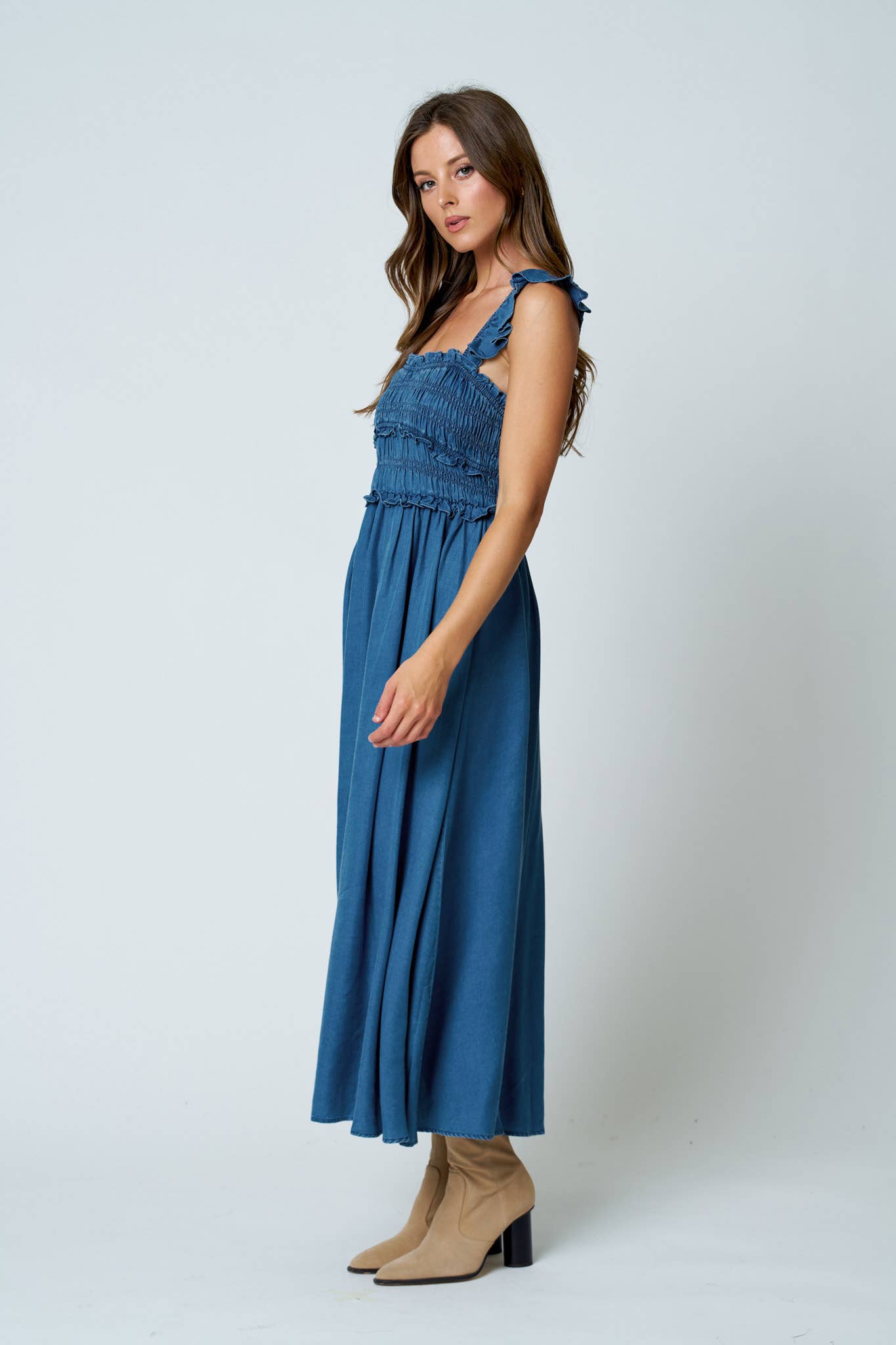 Smocked Denim Midi Dress