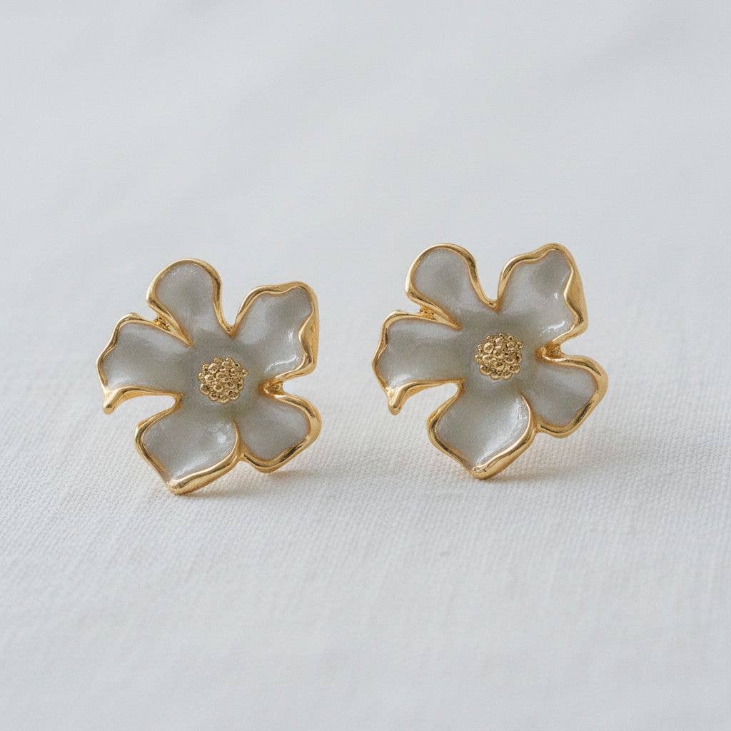 French Enamel Gardenia Stud Earrings