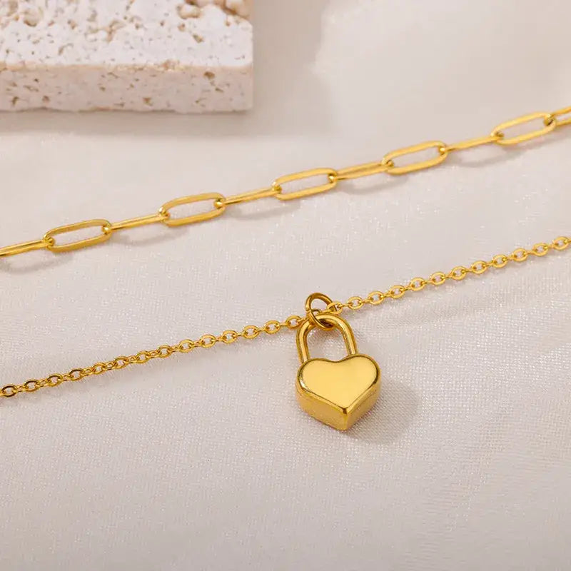 Double Layering Necklace with Paperclip & Lock Heart
