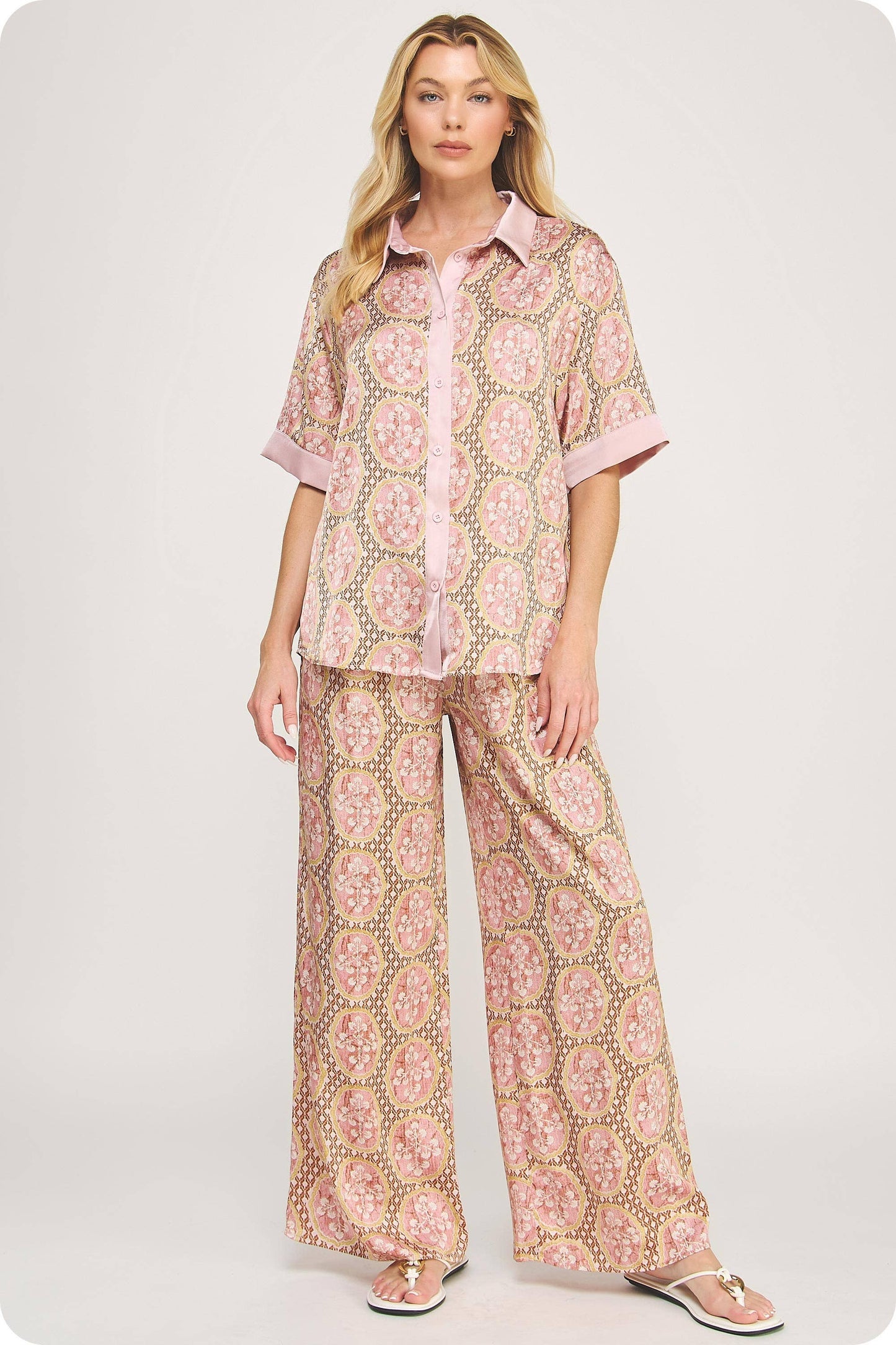 Venetian Satin Button Front Top