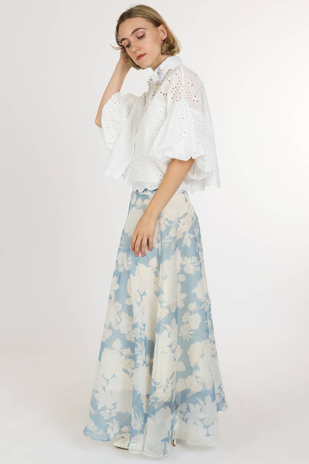 Iridescent Sequined & Embellished Eyelet Blouse