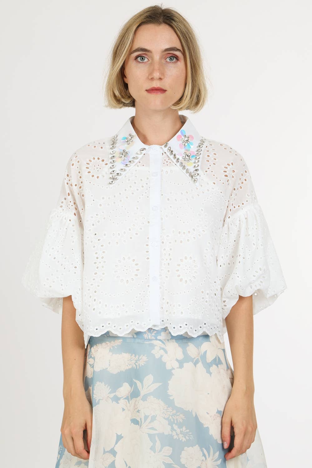 Iridescent Sequined & Embellished Eyelet Blouse