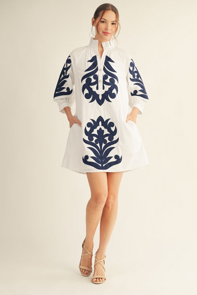 Savannah Dress -White/Navy