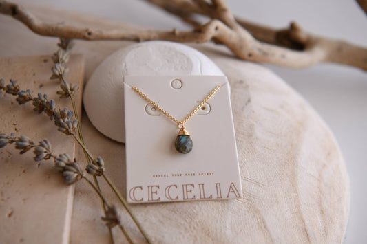 Gemstone Teardrop Pendant Necklace: Labradorite or Turquoise