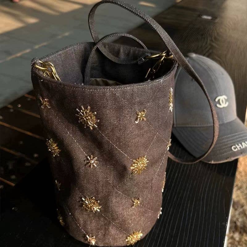 Vintage Studded Denim Bucket Bag