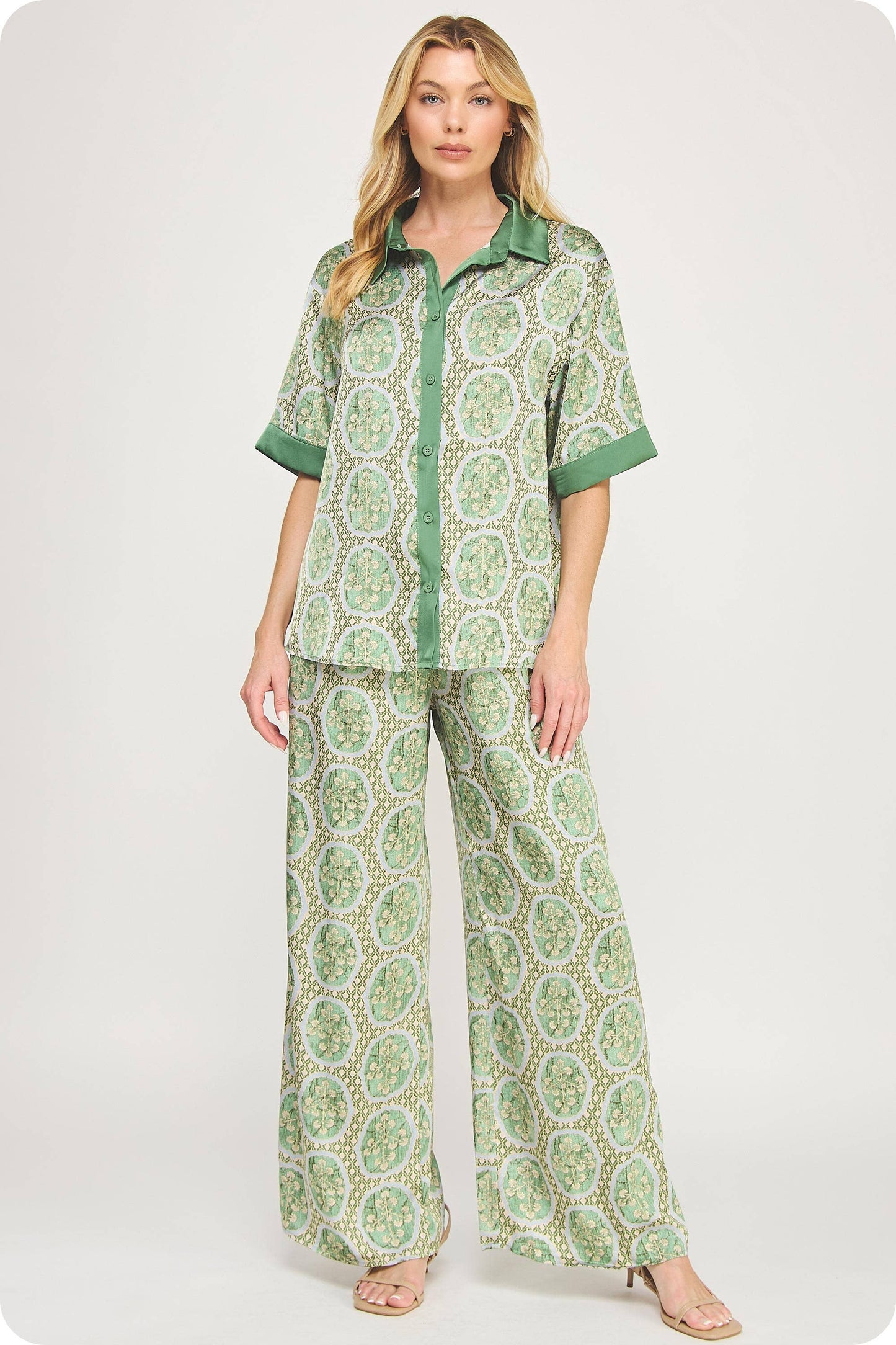 Venetian Satin Button Front Top