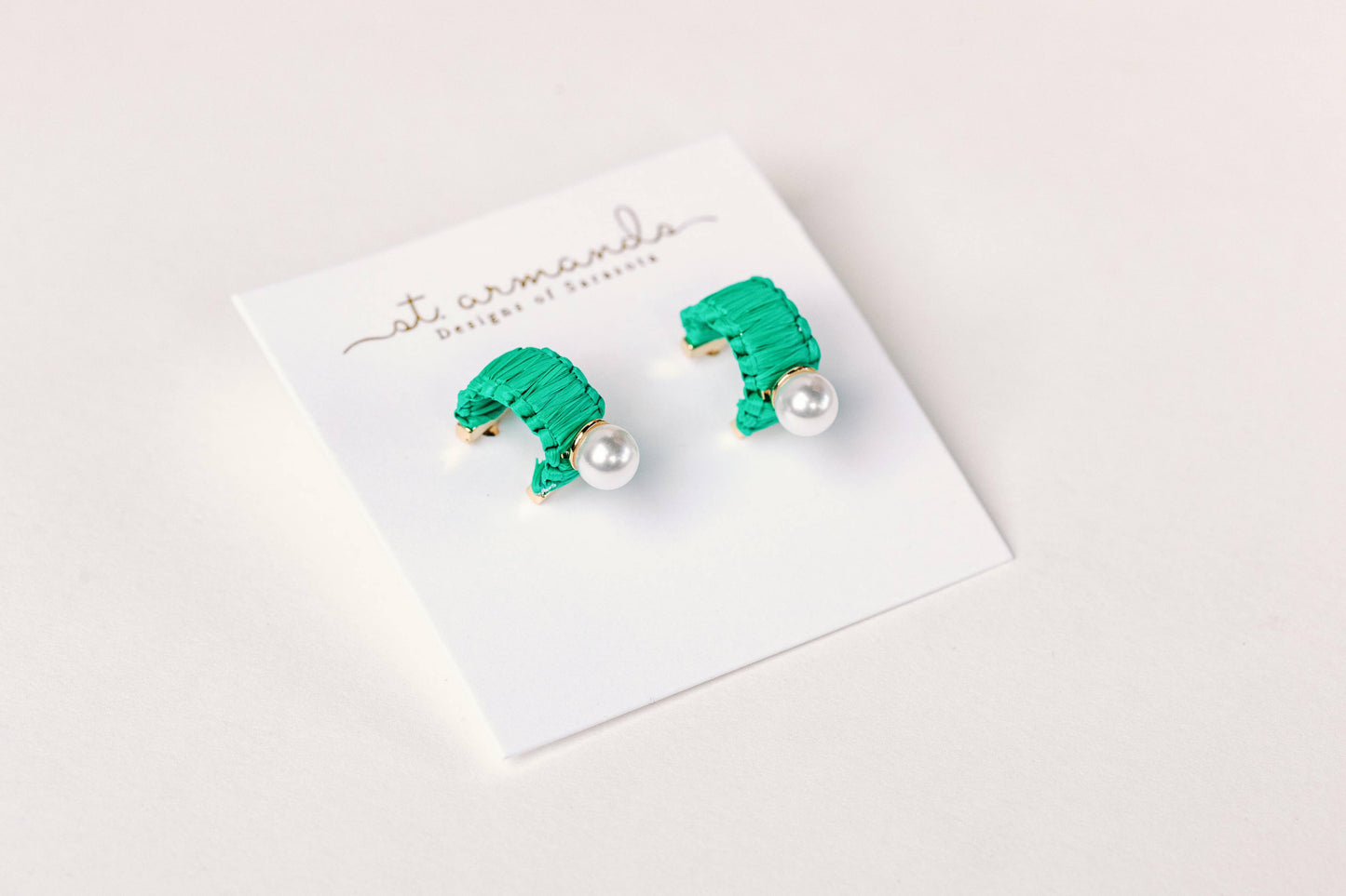 Mini Green Raffia and Pearl Huggie Hoop Earrings