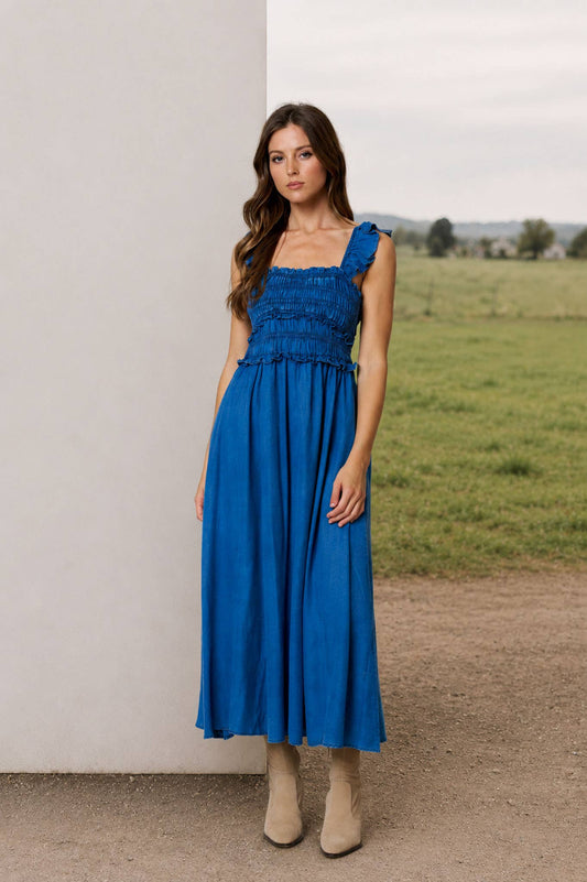 Smocked Denim Midi Dress