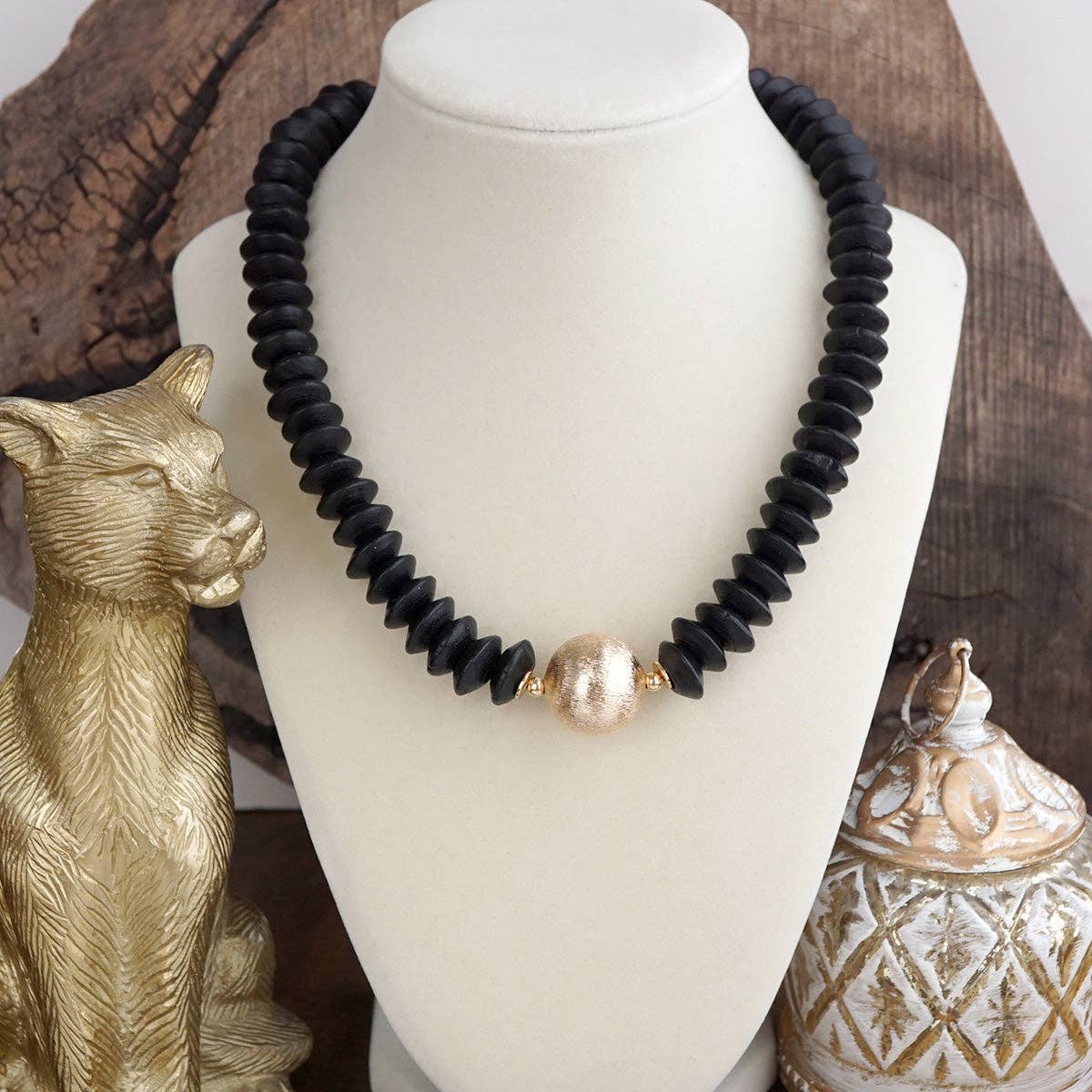 Wood Saucer Beads Short Statement Necklace- Multiple Colors