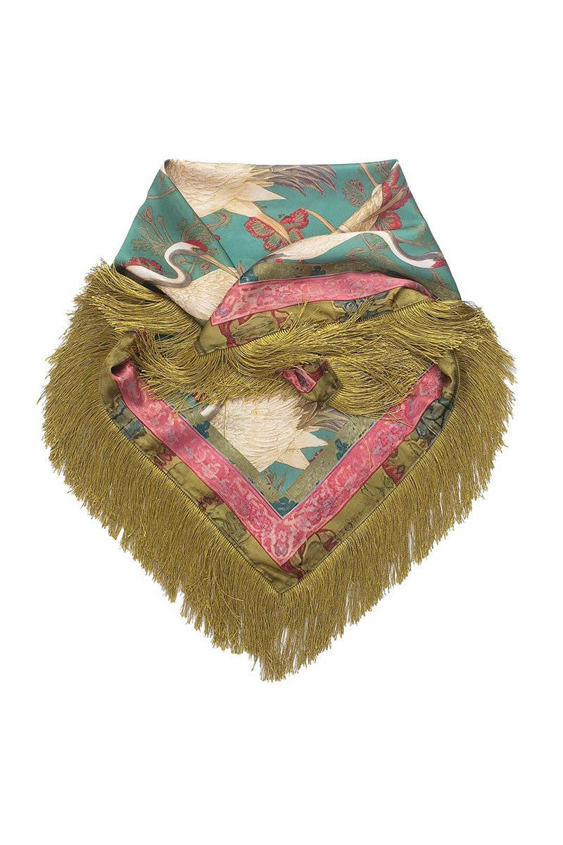 Fringed Crane Print SquarE sCARF